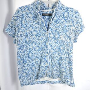 Lauren Ralph Lauren Womens Medium Blue Floral Button Down Pajama Top